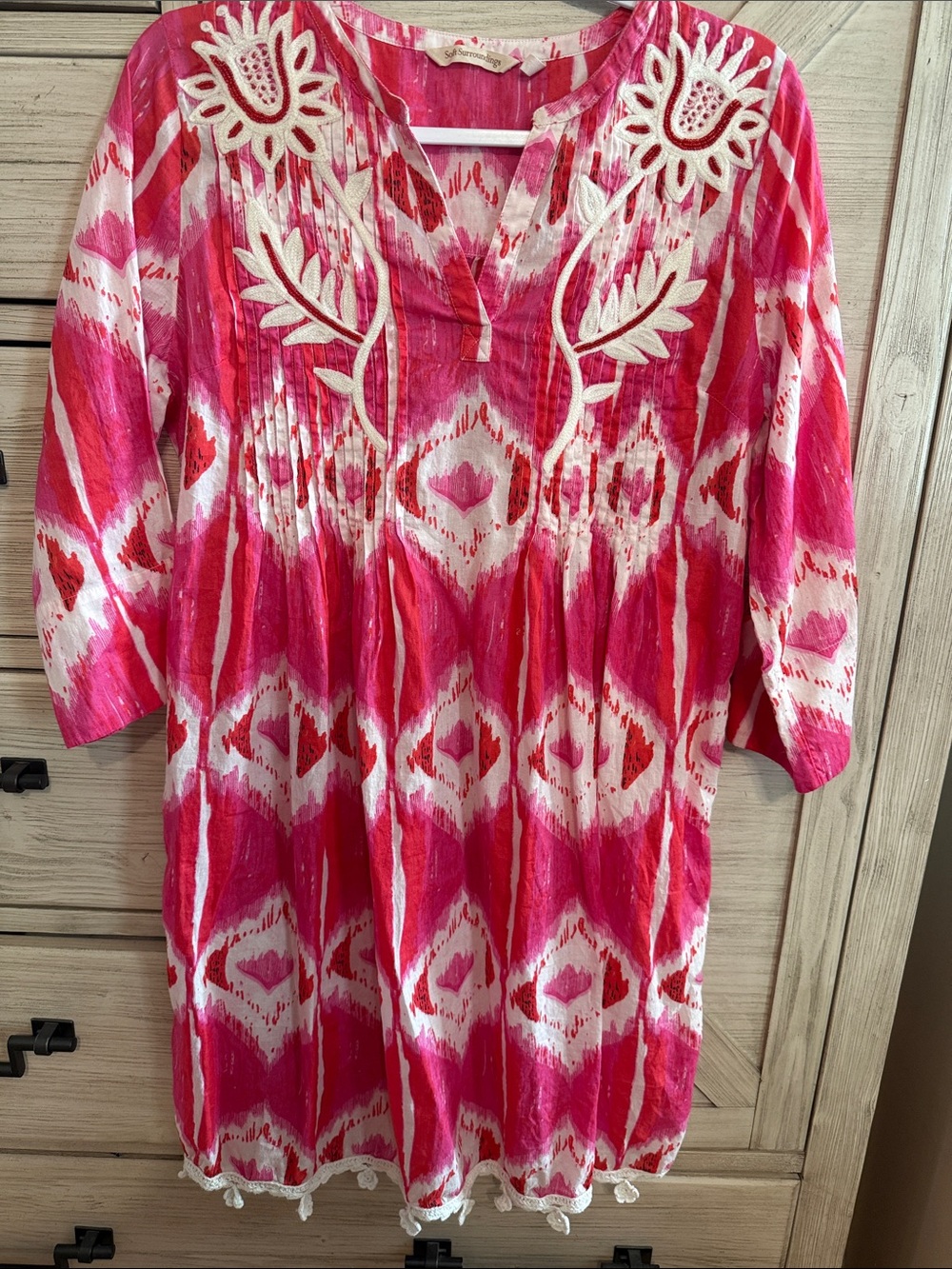 Soft Surroundings pink tunic dress with beating and embroidery